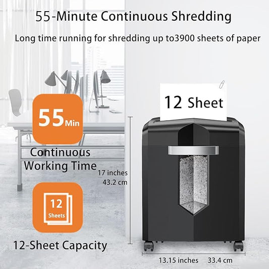 Bonsaii 12-Sheet Micro-Cut Paper Shredder, 55-Min Continuous Run, Shreds CDs/Credit Cards/Staples, 4.2-Gal Pull-Out Bin w/Clear Window, 360° Casters – Black