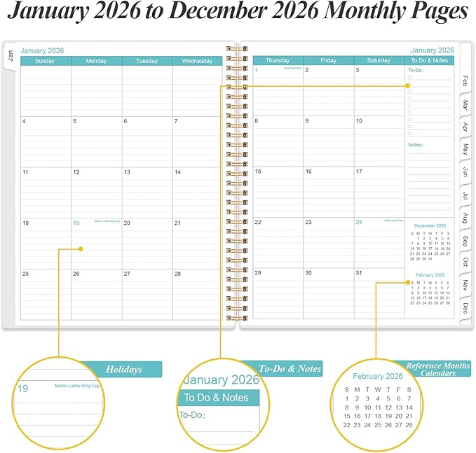 2026 Planner - Planner 2026 from January 2026 to December 2026 with 12 Monthly Tabs, Flexible Cover, Inner Pocket, 8.5" x 11", Blue Watercolor