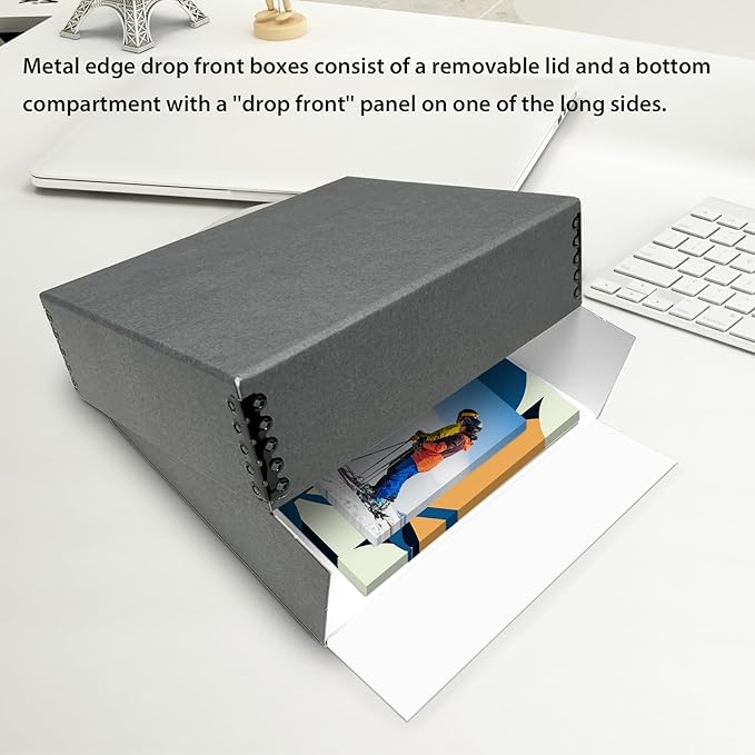 Lineco Museum Archival Storage Box, 8.75x10.75x3 in. Drop Front Design. Acid-Free with Metal Edge. Organize Photos, Pictures, Prints, Documents, Crafts, DIY. Gray, 1 Pack