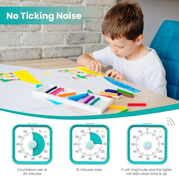 Visual Timer for Kids with Pause Function, 60 Minute Countdown Timer for Kids Desk Study, Teaching, Kitchen Cooking, Office Meetings, Time Management for ADHD (Green)