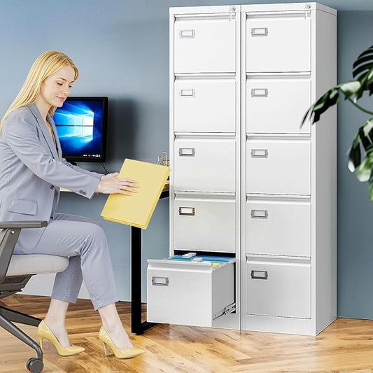 AFAIF 5 Drawer File Cabinet with Lock, Metal Filing Cabinets for Home Office, Vertical White Locking File Caninet, Steel Narrow Five Drawer File Cabnet for Letter/Legal / A4 / B4- Assembly Required