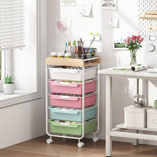 Rolling Storage Utility Cart With 5 Drawers,Craft Cart with Wheels,Makeup Organizer,Art Supply And Storage Wooden Tabletop,Rainbow