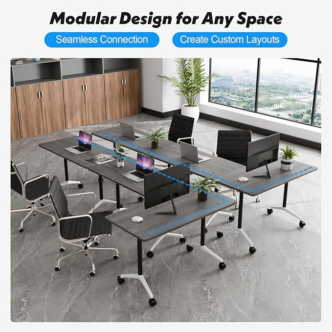 Goakwwuz Conference Room Table, Folding Conference Tables,Thicken Grey Tabletop,Flip Top Wooden Seminar Meeting Room Table for Conference Room Offices (2, Grey, 55.1”)