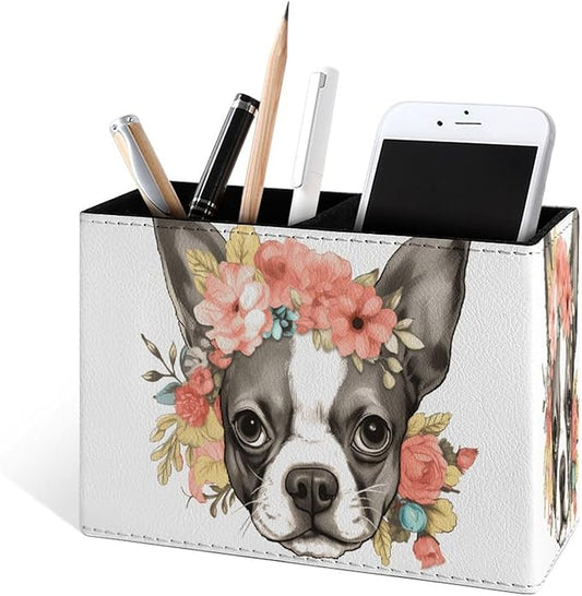 Famame Flowers on Bulldog Head Pencil Holder for Desk, Leather Desktop Container Pen Cup Storage Study Table Pen Organizer Makeup Brush Holder for Classroom Office Home