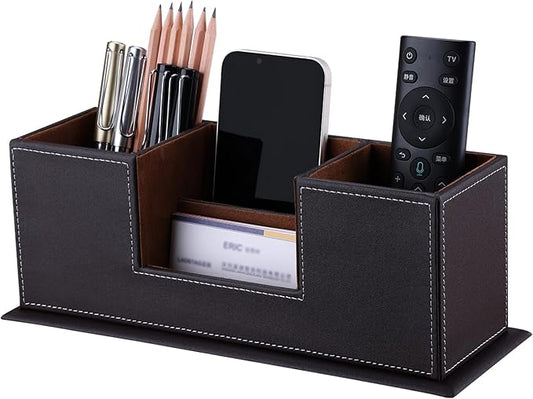 KINGFOM Wood + Leather Double-Holder Desk Organizer — Dark Brown