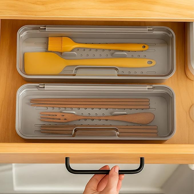 AHGUEP Silverware Organizer with Lid and Drainer - Plastic Kitchen Drawer Organizer for Forks Spoons Knives, Stackable Utensil Storage Container, Space-Saving Cutlery Tray (10.6 x 4.7 x 2.8 inch) (2)