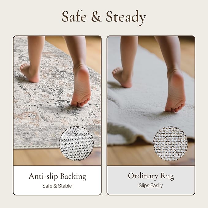 GENIMO Runner Rug 2'6''x10, Non Slip Vintage Hallway Runner Rugs, Low Pile Lightweight Machine Washable Mat for Hallway, Entryway, Bedroom, Kitchen and Corridor, Light Taupe Brown