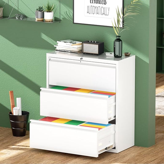 Greenvelly 3 Drawer File Cabinet, Metal Filing Cabinet with Lock, White Lateral File Cabinet for Home Office, Locking File Cabinet for Letter/Legal/F4/A4 Size Hanging Files, Easy Assembly