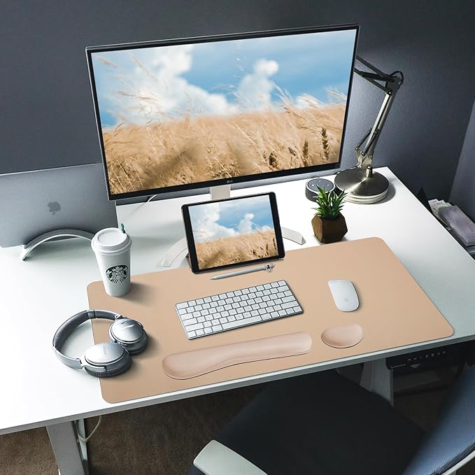 Bloss Leather Desk Pad and Keyboard Wrist Rest (Beige, 35.4×15.7Inches)
