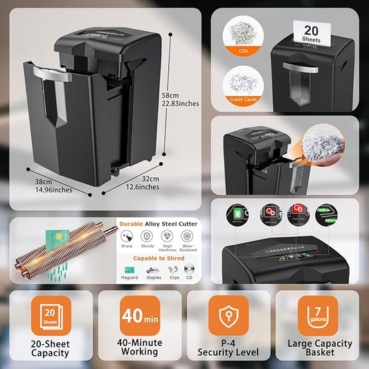 Bonsaii Shredder, 20 Sheets, Operates Continuously for 40 Minutes, P-4 Cross-Cut, Jam-Resistant Design, Safely Destroys CDs, Credit Cards, and Stapled Papers, Large 7-Gallon Bin Capacity