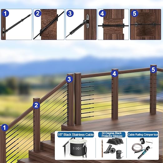 BLIKA 200 Pack Black Stainless Steel Protector Sleeves for 1/8" Deck Cable Railing, for Wood/Composite Posts, T316 Marine Grade, Black Cable Railing Protector Sleeves