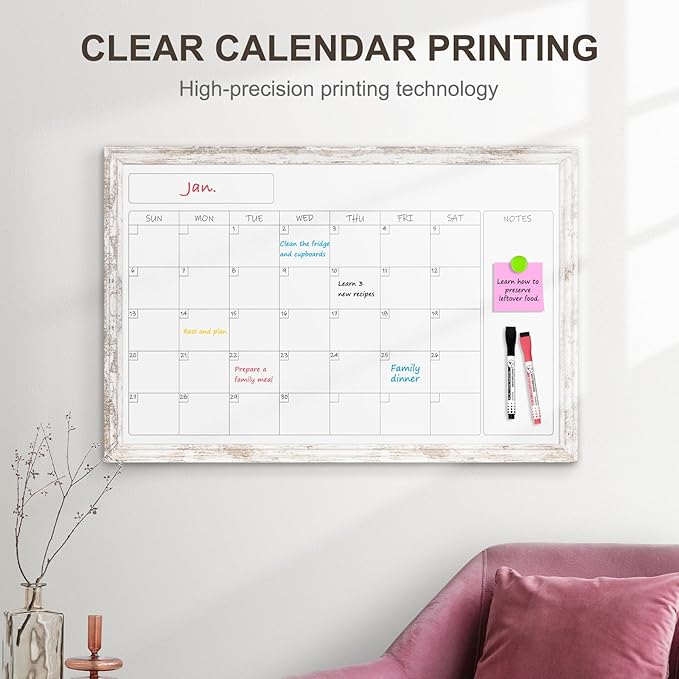 Monthly Dry Erase Calendar Whiteboard for Wall, 24" x 18" Magnetic White Board Calendar Board - Rustic Vintage Wooden Frame