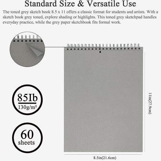 Fuxi Toned Gray Sketchbook 8.5x11, 60 Sheets (85lb/150gsm) Spiral Bound, Hardcover, Artist Sketch Pads for Drawing for Adults with Pencil, Charcoal, Colored Pencils for Artists & Students, Classroom.