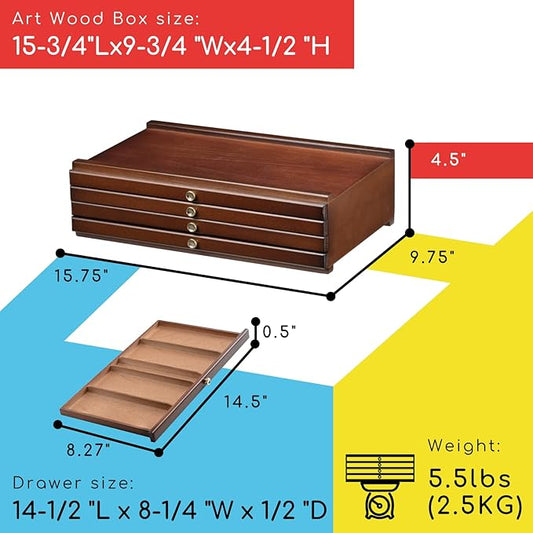 MEEDEN 4-Drawer Art Supply Storage Box - Large Capacity Multi-Function Beech-Wood Pencil Box with Drawer & Compartments for Organizing Pastels, Pencils, Pens, Markers, Brushes & Stamp, Walnut