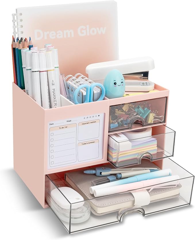 QIYVLOS Multi-Function Desk Organizer — 3 Drawers, 8 Compartments, Pink