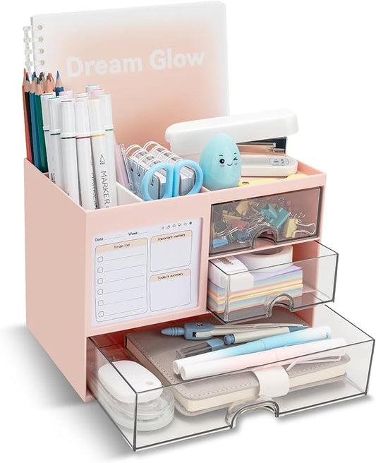 QIYVLOS Multi-Function Desk Organizer — 3 Drawers, 8 Compartments, Pink