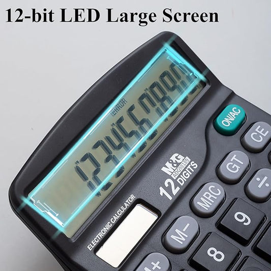 M&G Desk Calculator 12 Digit Office Calculators with Large LCD Display, Dual Solar Power and Battery, Recessed Big Button Calculator for Office Home (Black)