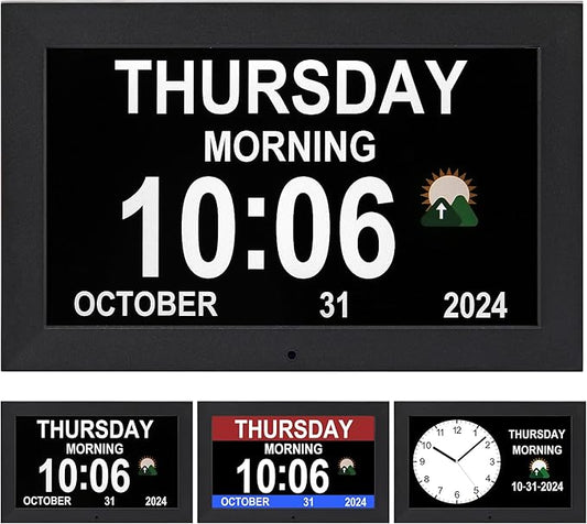 Memwake Digital Alarm Clock, Multiple Alarm Functions, Clock with Date and Week, Digital Alarm and Electronic Calendar for Seniors (White, 7 inch) (10-inch Black)