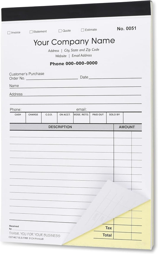 CH Printco Custom Sales, Invoice, Statement, Estimate, Quote, Personalized Multipurpose Duplicate Carbonless Form with Your Company Name - 2 Books (100 Sets) 5-1/2" Wide x 8-1/2" Tall.