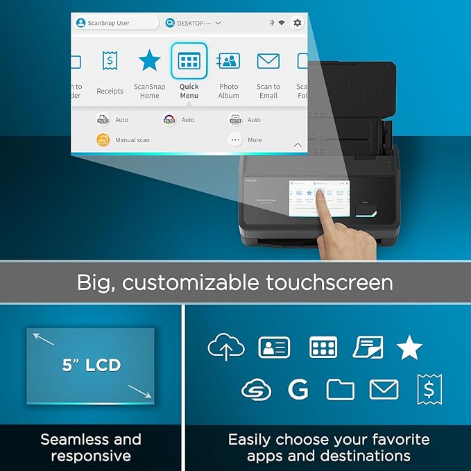 ScanSnap iX2500 Wireless or USB High-Speed Cloud Enabled Document, Photo & Receipt Scanner with Large 5" Touchscreen and 100 Page Auto Document Feeder for Mac or PC, Black