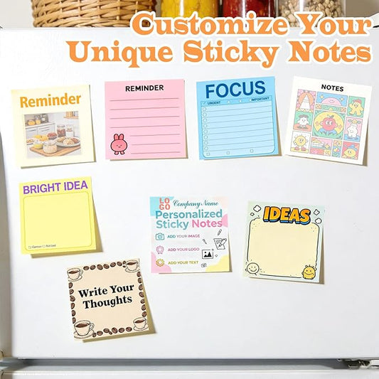 Personalized Sticky Notes Bulk 3-500 Pack – 3"x3" Custom Notepads Promotional Items with Your Logo Text 50 Sheets/Pads, Funny Post it Notes, Stationery Note Gifts for Office Business School Students