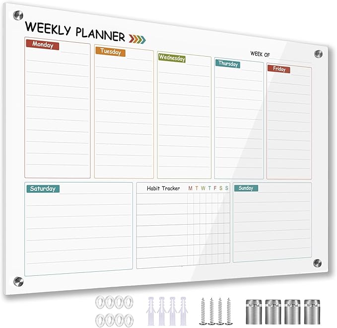 Glass Weekly Dry Erase Board for Wall 16"X 12",Colorful Weekly Calendar Whiteboard,to Do List Weekly Planner Whiteboard,Frameless Mounting,for Memo, School, Home, Office, Kitchen UV3040