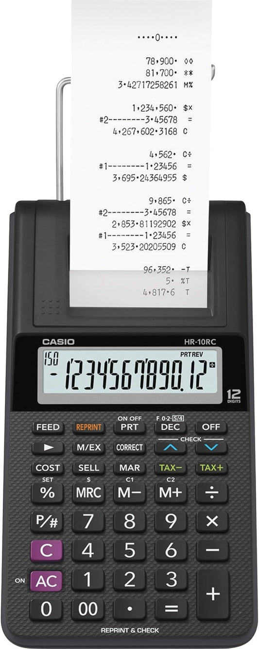 Casio HR-10RC Mini Desktop Printing Calculator | Portable | 12-Digit Display | One-Color Printer | Tax & Currency | Ideal for Taxes, Bookkeeping & Accounting Tasks, Black