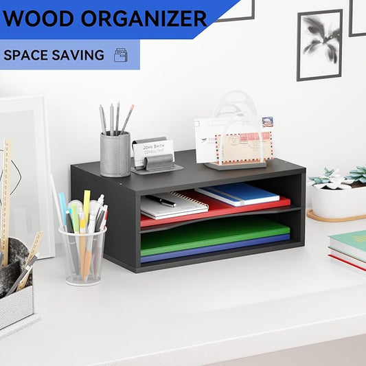 GDINDINFAN Wood Desktop Letter Tray File Organizer, Paper Storage Mail Sorter with Adjustable Drawer Boards for Home and Office, Black