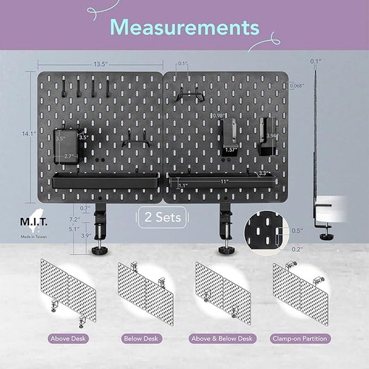 EHO Clamp-On Desk Pegboard, 2Pack (Combined Size 27 x 14 inch) Privacy Divider, Desk Partition Panel, No-Drill Desk Mounted Peg Board Organizer for Office, Gaming, Home, Black