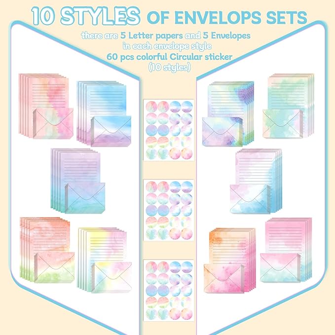 TaoBary 160 Pcs Stationery Paper Set 50 Double Sided Stationery Papers with 50 Matching Envelopes and 60 Round Dot Sticker, 10 Design(Watercolor,5.5 x 8.25 Inch)