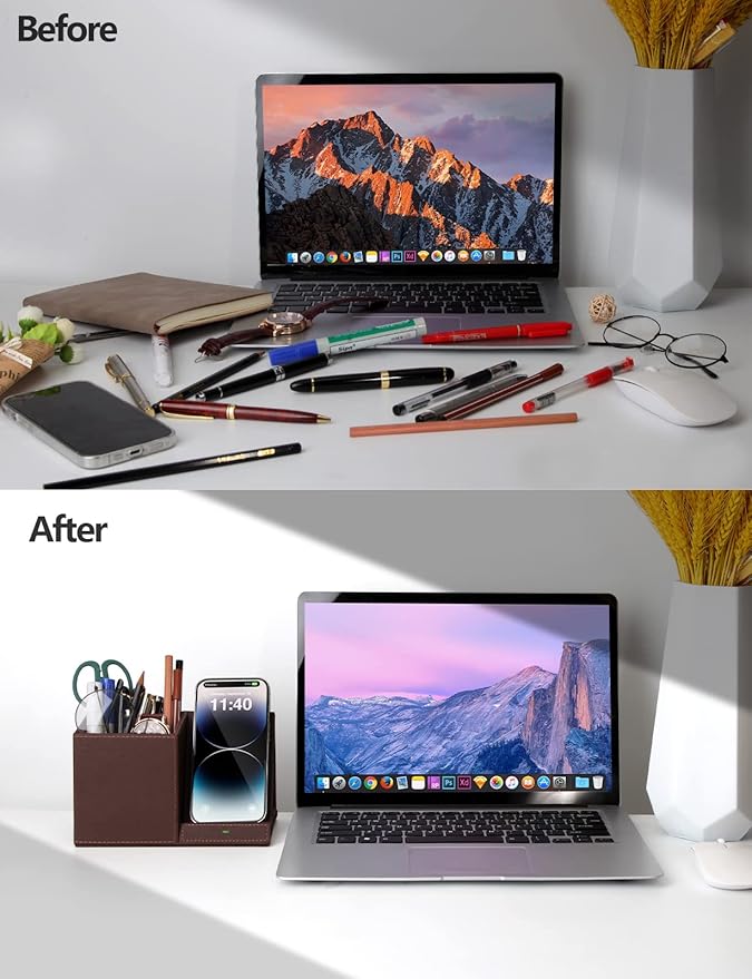 Desk Supplies Organizer, Multi-Functional Pencil Pen Holder with Wireless Charger, Desktop Stationery Organizer, Home Office Supply Storage Box Caddy (Brown)