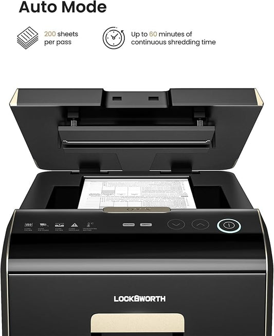 Locksworth 200-Sheet P-5 Micro-Cut Heavy-Duty Paper Shredder, 60-Min Continuous Run, 8.5-Gal Bin, Auto Jam-Proof, Home Office, High-Security