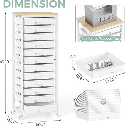 SYKIARIOL Rolling Cart with Drawers,12 Drawer Rolling Cart,Rolling storage cart with drawers,White Rolling Drawer Cart,Teacher Rolling Cart for Classroom Storage,Craft Cart with Wooden Tabletop