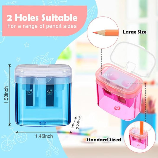 96 Pieces Pencil Sharpeners for Kids Colored Pencil Sharpeners Manual Double Hole Pencil Sharpener with Lid Hand Held Pencil Sharpener with Cover to Catch Shavings for School Office Home