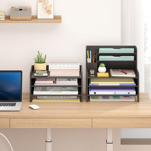 Wisuce Essentials Bamboo Desk Organizer Mail Holder Countertop Letter Tray File Desktop Mail Holder Countertop Organizer for Desktop Letter Sorter Paper File Storage for School Home Office Supplies