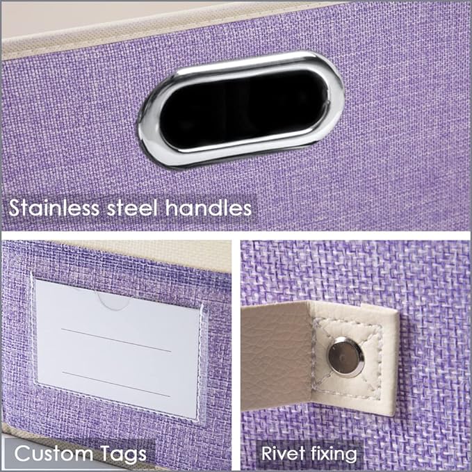 PRANDOM Large Foldable Storage Bins with Lids [3-Pack] linen Fabric... (Purple..