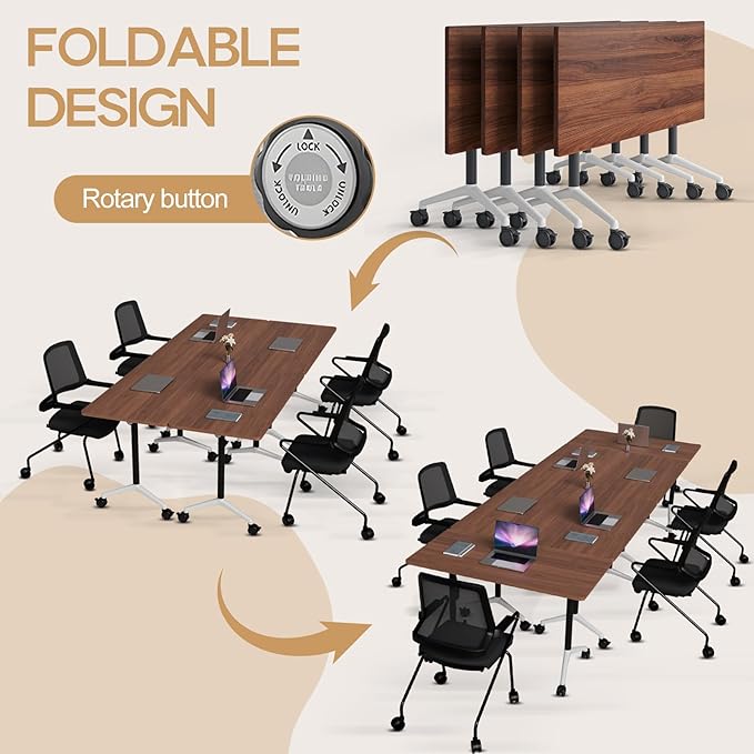 Folding Conference Table 4ft 5ft, Foldable Office Meeting Desk for 6 People, Multiple Sizes Colors Mobile Conference Room Table for Training Room School Business Furniture (6, Walnut, 71in)