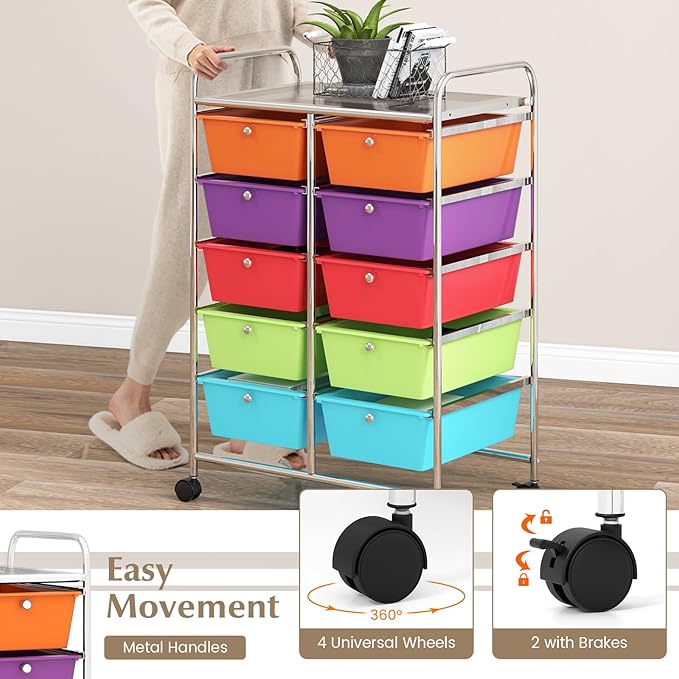GOFLAME 10-Drawer Rolling Storage Cart, Art Craft Storage Organizer on Wheels, Multipurpose Movable Utility Cart for School, Office and Home, Multicolor
