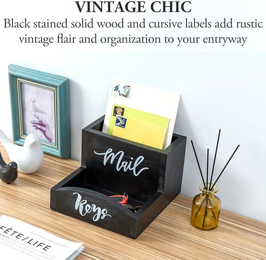 MyGift Urban Modern Mail Holder and Key Organizer Tray in Black Stained Solid Wood Finish, Entryway Storage Catchall with Cursive Mail and Keys Word Design, Office Desktop Organizing Bin