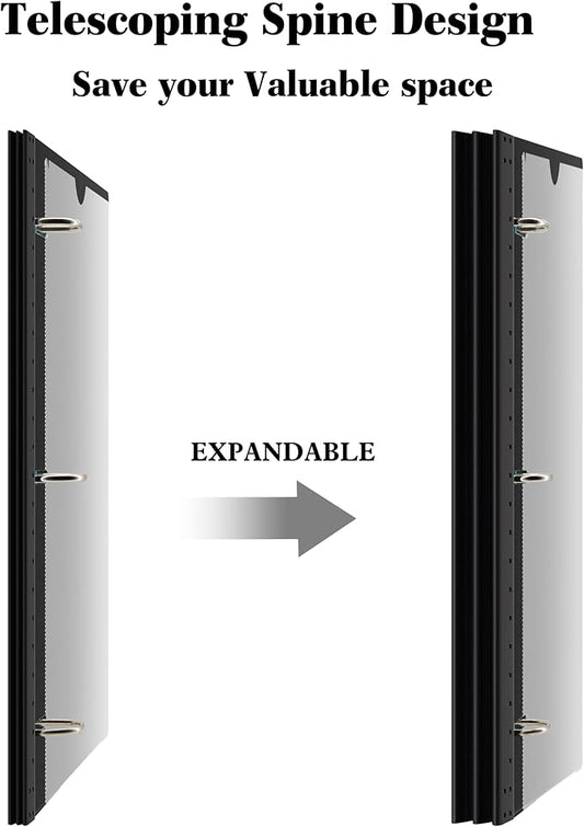 INFUN Telescoping 3 Ring Binder -4PCS-Black, Flexible Round Binder with Customizable Front Cover and Clear Catalog Pocket, 0.75 Inch Rings, Holds 160 Sheets 8.5x11 inch Paper
