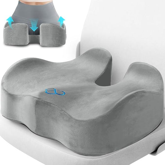 CushyOasis Seat Cushion, Chair Cushions, Office Chair Cushions, Anti-Slip Bottom & Removable Cover Tailbone Pain Relief Cushion, Memory Foam Seat Cushion, 5.28 in Thick (Light Grey)