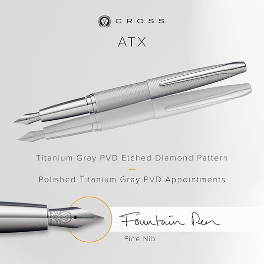 Cross ATX Refillable Fountain Presented in a Luxury Gift Box - Medium Point, Black Ink, Sandblasted Titanium Gray