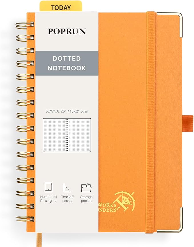 POPRUN Spiral Dotted Journal Notebook — A5, Orange