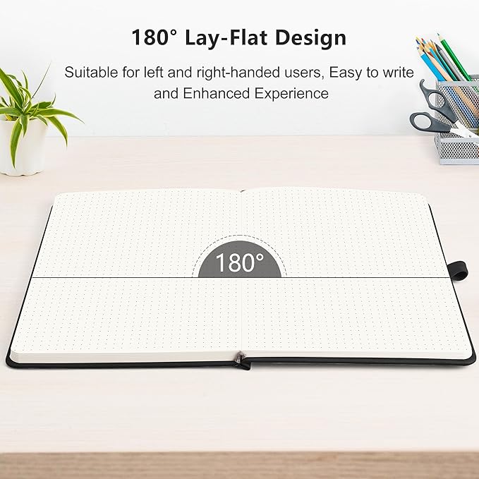 RETTACY Bullet Dotted Journal Notebook, 256 Pages, A5 Medium Size (5.7'' × 8.3''), Leather Hardcover, 120 GSM Thick Paper, for Bullet Journaling, Planning, Tracking (Black)