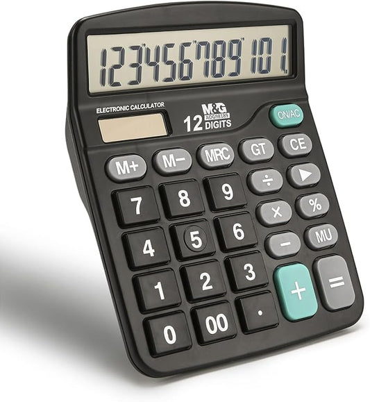 M&G Desk Calculator 12 Digit Office Calculators with Large LCD Display, Dual Solar Power and Battery, Recessed Big Button Calculator for Office Home (Black)