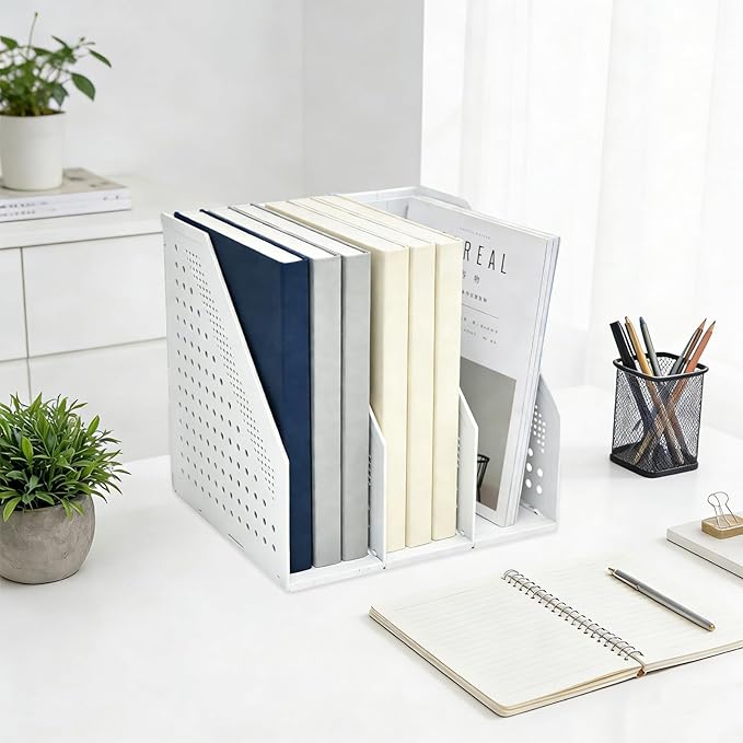 SAYEEC 2Pcs Collapsible Plastic Magazine File Holder Vertical Binder Storage Organizer for Desk Sturdy Upright Desktop Magazine Organizer Folder Rack for Office School Home (3 Compartments, Gray)