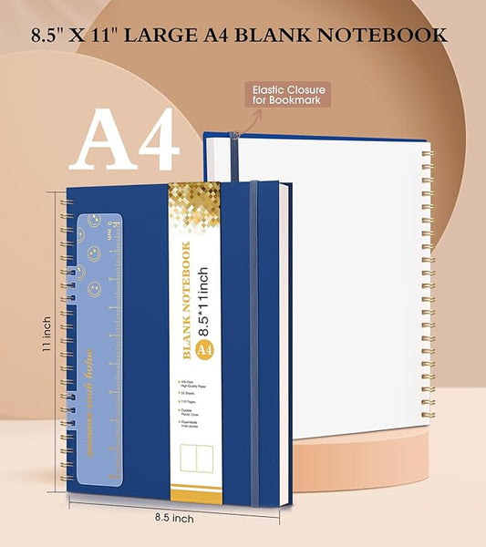 UEBZFOCS Blank Spiral Notebook Journal — 8.5×11 in (A4), Navy