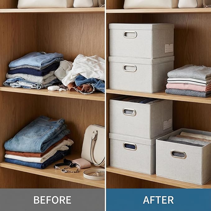 PRANDOM Storage Bins with Lids [3-Pack] Linen Fabric Foldable Storage... (Beig..