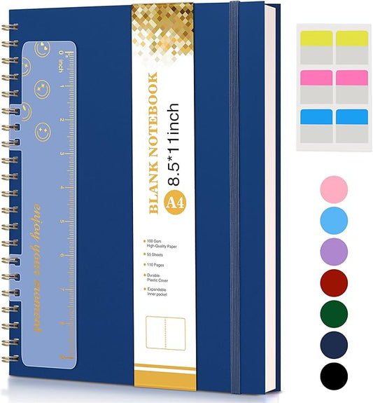 UEBZFOCS Blank Spiral Notebook Journal — 8.5×11 in (A4), Navy