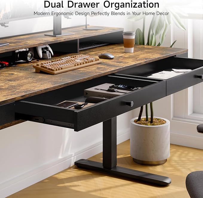 Standing Desk with Drawers, 47x23.6" Whole Piece Electric Stand Up Desk with Storage Shelf and Memory Controller, Sit Stand Desk Adjustable Height from 28-46" for Computer Workstation, Rustic Brown